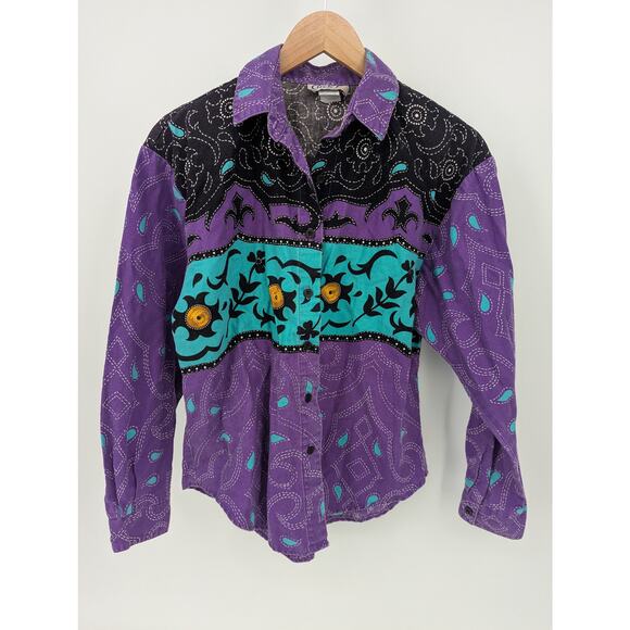 90s Vintage Western 100% Cotton Button Up Shirt Women's Medium Aztec Cowboy - Picture 2 of 6